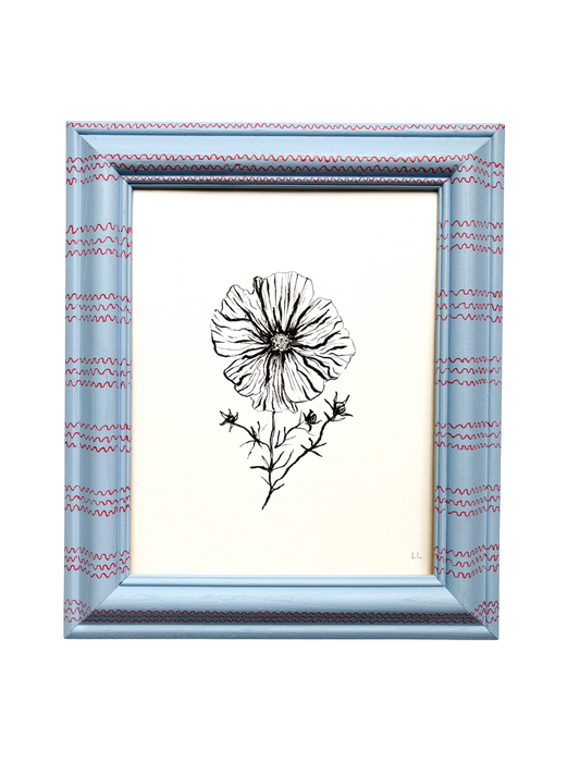COSMOS ORIGINAL INK ARTWORK IN A HAND PAINTED BLUE WITH RED WIGGLE STRIPES PRELOVED FRAME