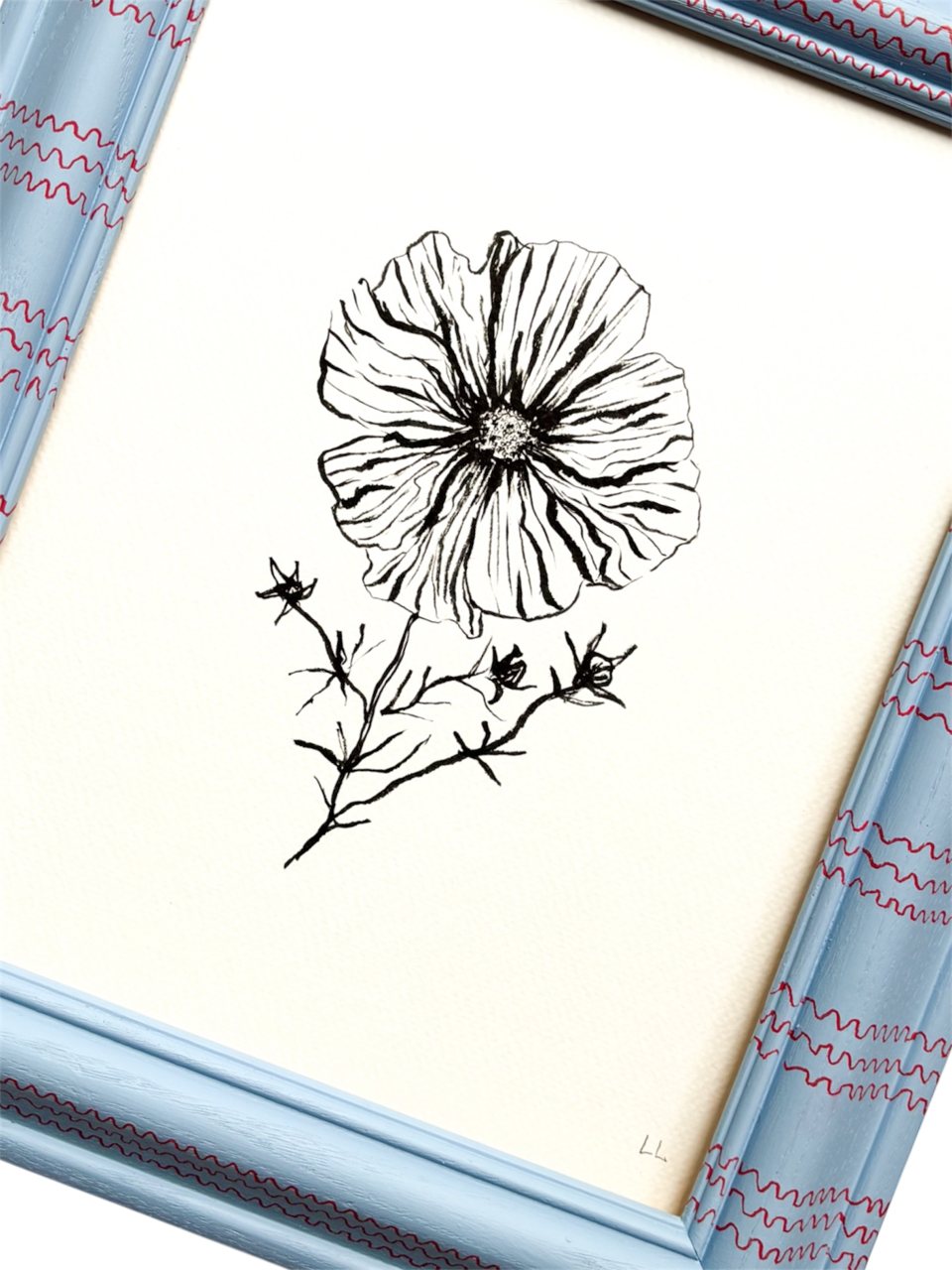 COSMOS ORIGINAL INK ARTWORK IN A HAND PAINTED BLUE WITH RED WIGGLE STRIPES PRELOVED FRAME