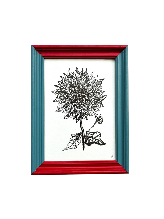 DAHLIA ORIGINAL INK ARTWORK IN A HAND PAINTED RED AND BLUE PRELOVED FRAME