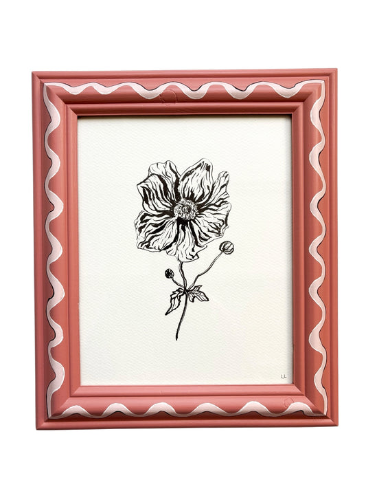 JAPANESE ANEMONE ORIGINAL INK ARTWORK IN A HAND PAINTED DARK PINK AND LIGHT PINK WIGGLE PRELOVED FRAME