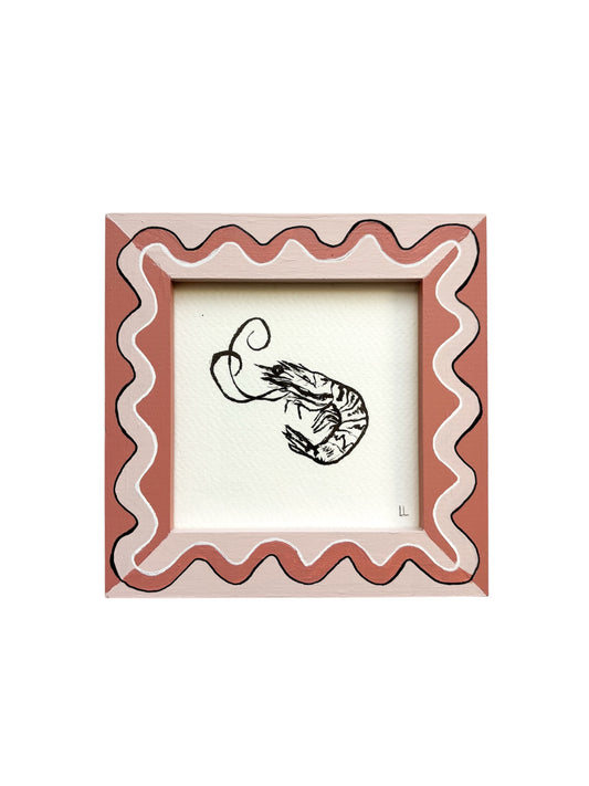 PRAWN ORIGINAL INK ARTWORK IN A HAND PAINTED DARK PINK AND LIGHT PINK PRELOVED FRAME