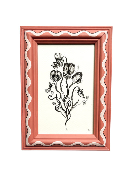 SWEETPEA ORIGINAL INK ARTWORK IN A HAND PAINTED DARK PINK AND LIGHT PINK PRELOVED FRAME