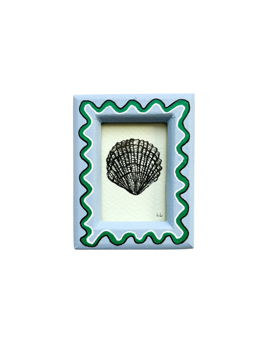 MINI SCALLOP ORIGINAL INK ARTWORK IN A HAND PAINTED BLUE AND GREEN WIGGLE FRAME