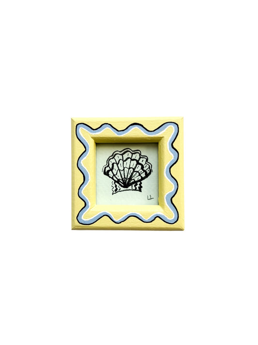 MINI SCALLOP ORIGINAL INK ARTWORK IN A HAND PAINTED YELLOW AND BLUE WIGGLE FRAME