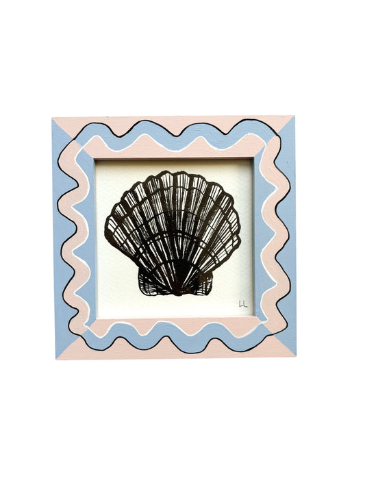SCALLOP ORIGINAL INK ARTWORK IN A HAND PAINTED BLUE AND LIGHT PINK PRELOVED FRAME
