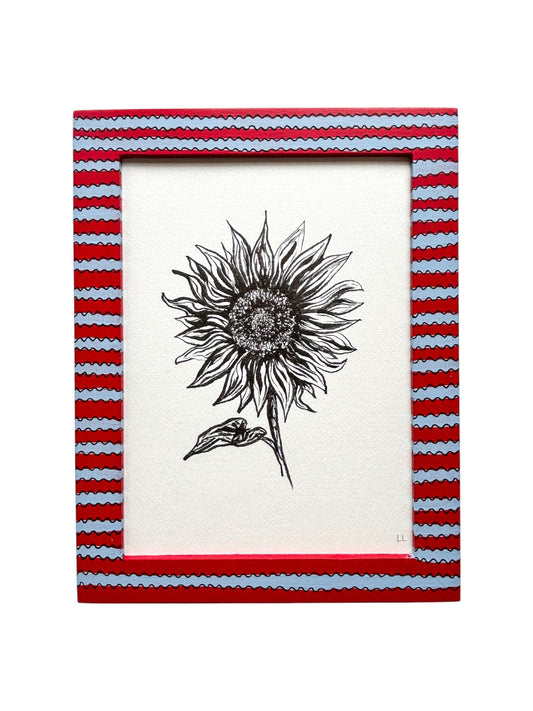 SUNFLOWER ORIGINAL INK ARTWORK IN A HAND PAINTED RED AND BLUE WIGGLE STRIPED PRELOVED FRAME