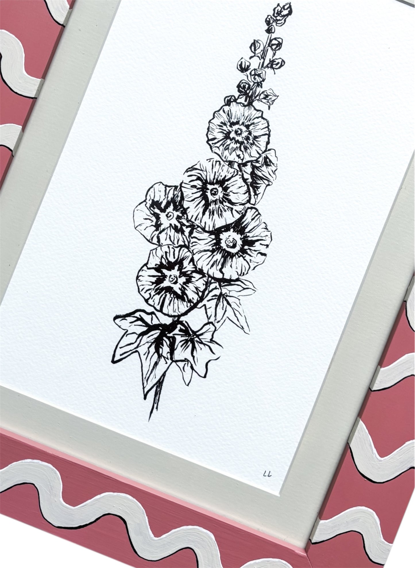 LARGE HOLLYHOCK ORIGINAL INK ARTWORK IN A HAND PAINTED PINK AND CREAM PRELOVED FRAME