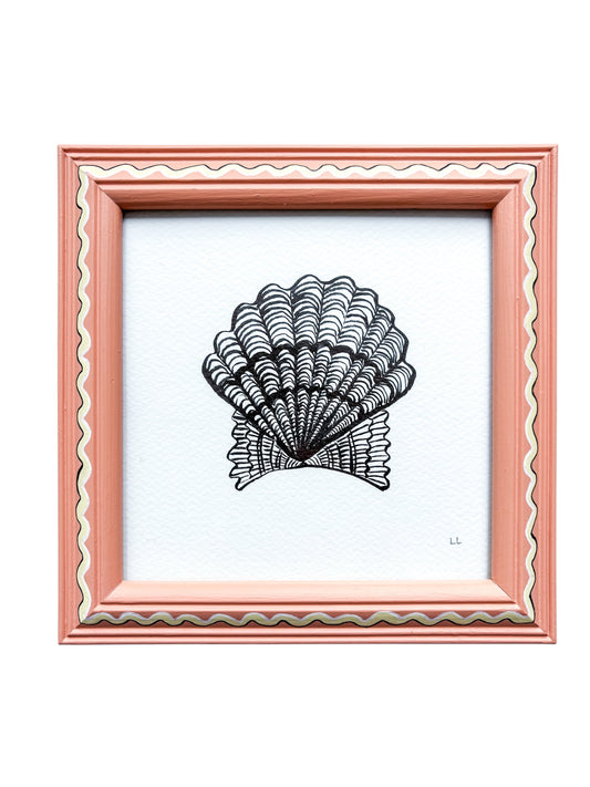SCALLOP SHELL ORIGINAL INK ARTWORK IN A HAND PAINTED CORAL AND YELLOW PRELOVED FRAME
