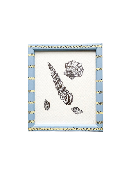 SCATTERED SHELLS ORIGINAL INK ARTWORK IN A HAND PAINTED YELLOW AND BLUE STRIPE PRELOVED FRAME