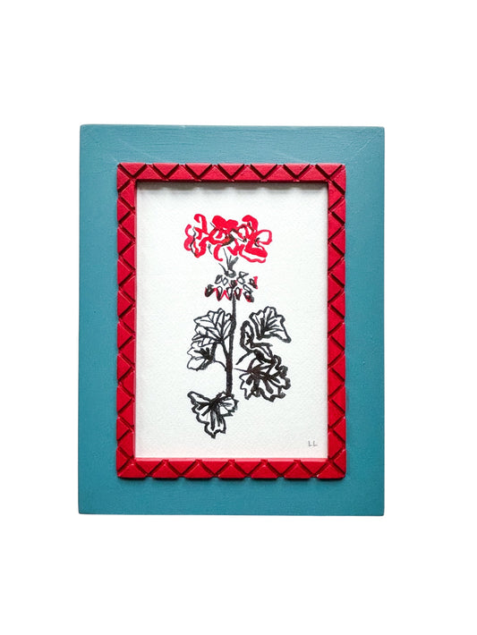GERANIUM ORIGINAL INK ARTWORK IN A HAND PAINTED BLUE AND RED PRELOVED FRAME