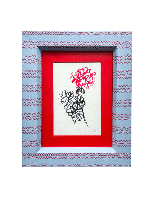 GERANIUM ORIGINAL INK ARTWORK IN A HAND PAINTED PALE BLUE AND RED WIGGLE STRIPE PRELOVED FRAME WITH RED MOUNT