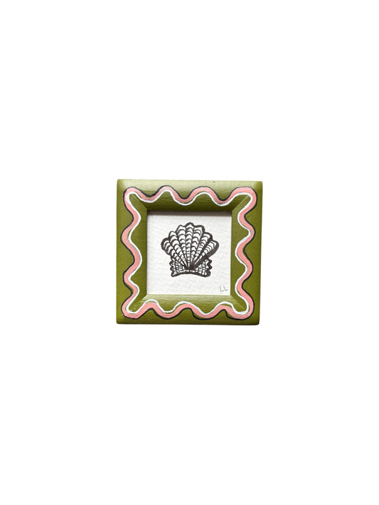 MINI SCALLOP ORIGINAL INK ARTWORK IN A HAND PAINTED GREEN AND PINK WIGGLE FRAME